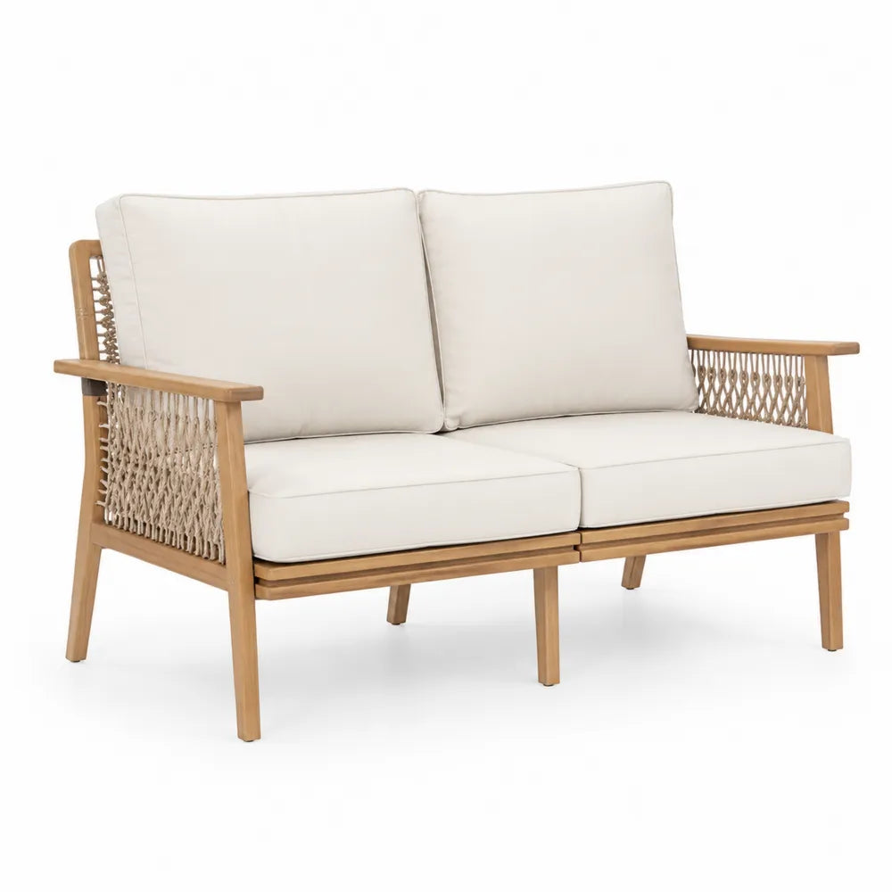 Dwuosobowa sofa z drewna teak z beżowymi poduszkami