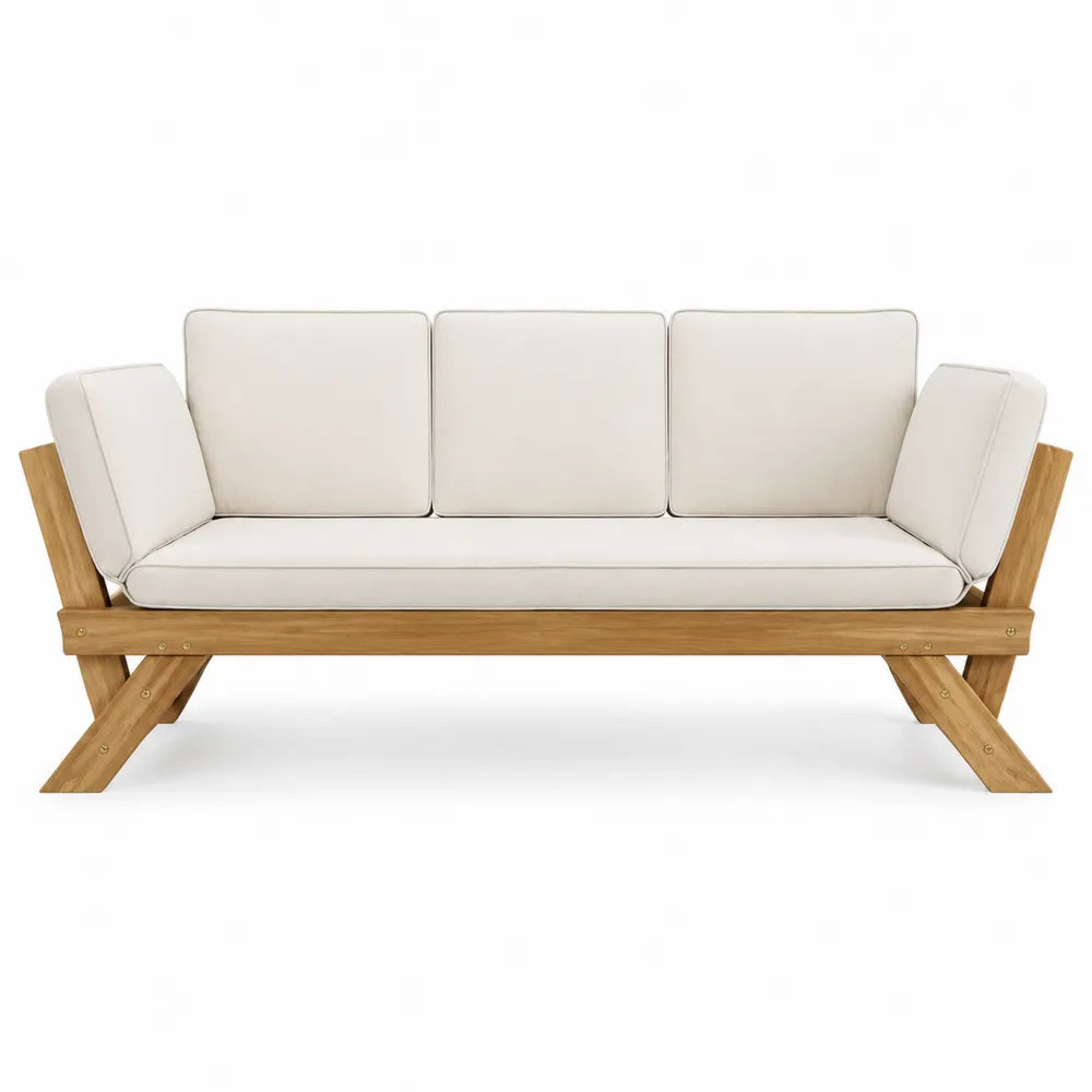 Drewniana sofa ogrodowa z poduszkami z tkaniny poliestrowej