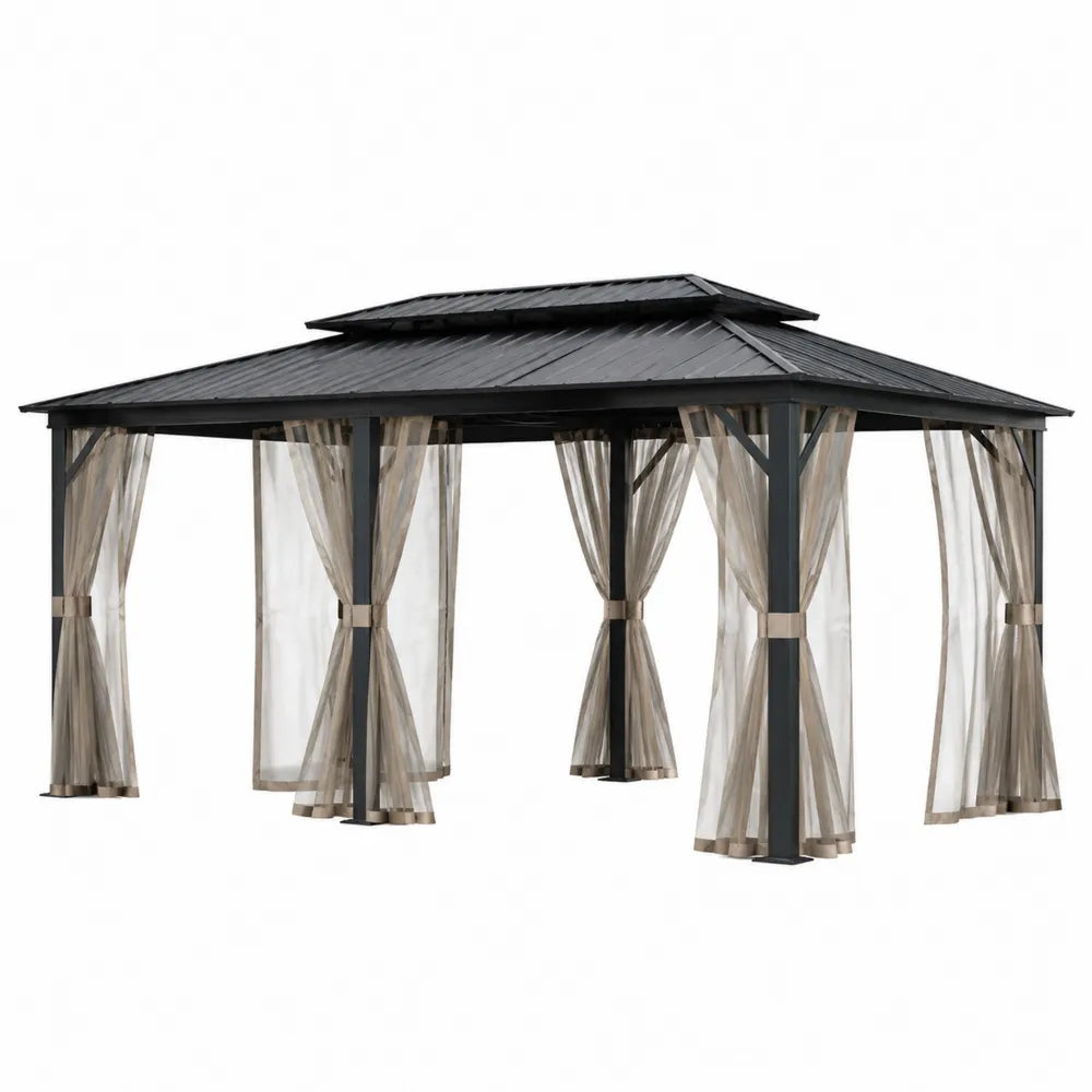 Altana ogrodowa metalowa 300x400 cm z poliestrowymi zasłonami czarno-beżowa