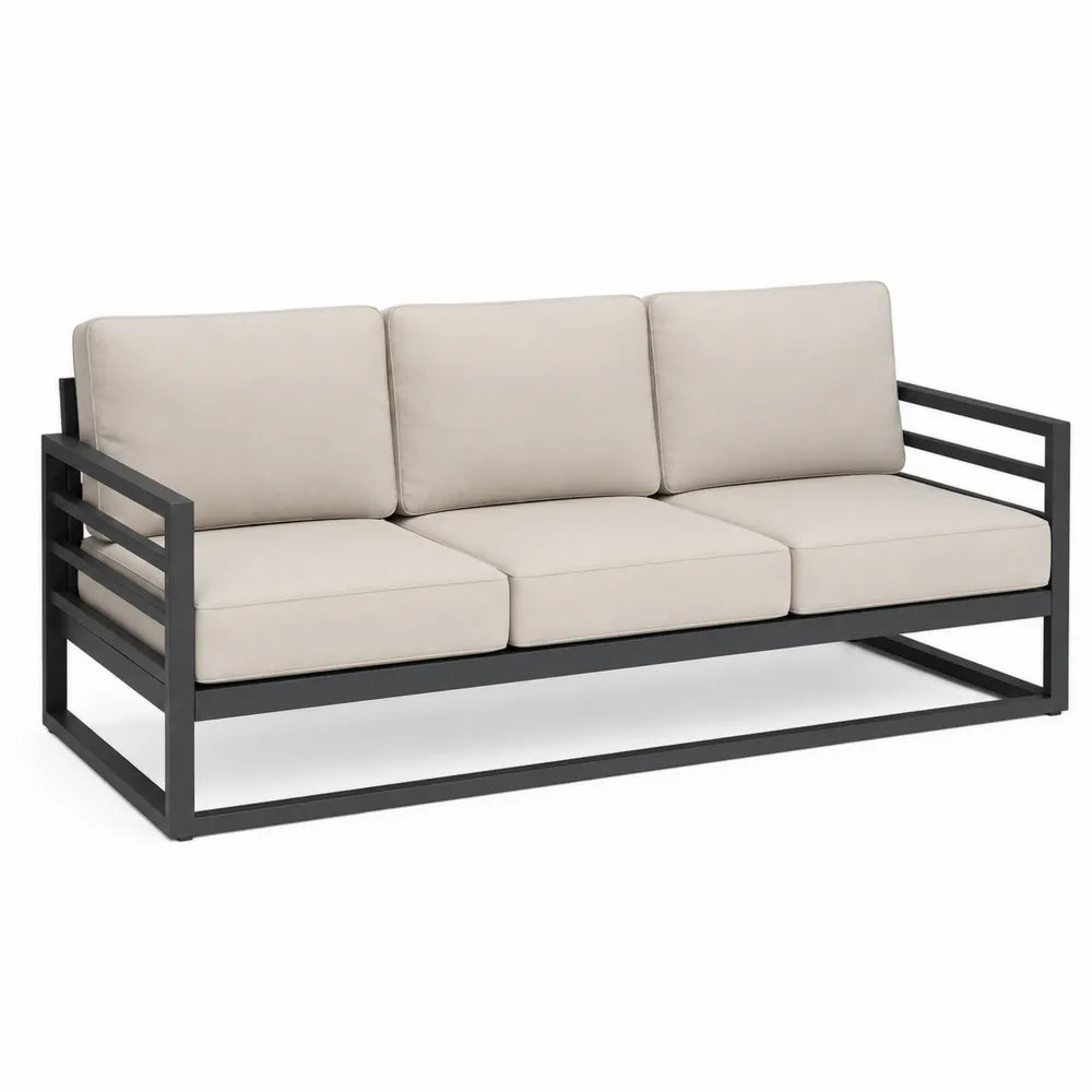 Aluminiowa sofa z beżowymi poduszkami 200x75x70 cm