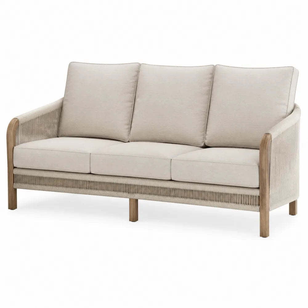 Drewniana sofa ogrodowa 3-osobowa, tkanina, beżowa, 200 cm x 80 cm x 85 cm