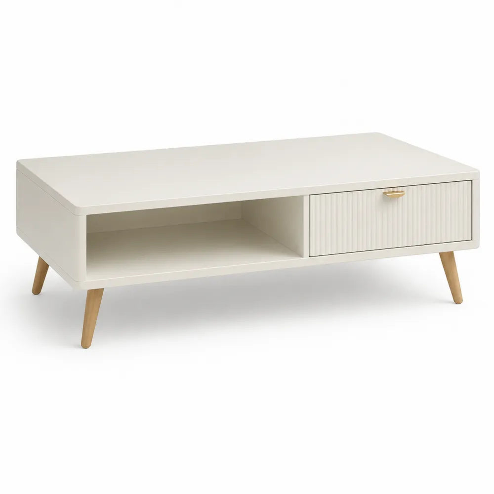 Biały stolik kawowy z MDF z półką i szufladą 120x60x40 cm